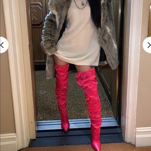 Neon Pink Satin Over the Knee Boots